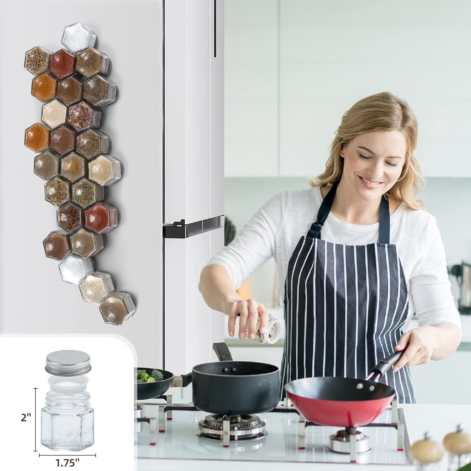 Set of 24 Hexagon Glass Spice Jars with Shaker Lids and Labels for Refrigerat…