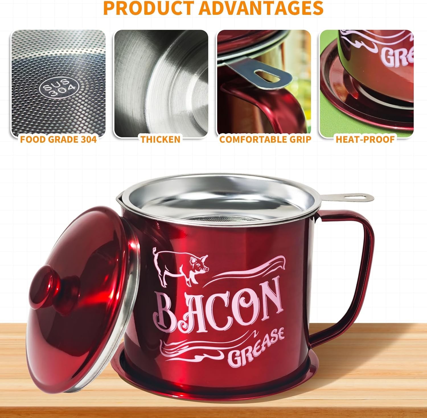 1.3L Bacon Grease Saver Container with Fine Mesh Strainer,Stainless Steel Oil