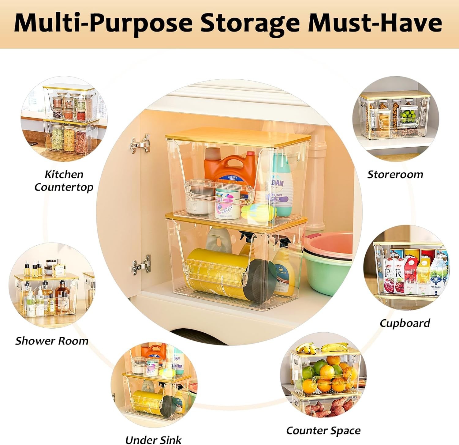 Clear Acrylic Pantry Organizers 4pk, Stackable, Bamboo Lid, Kitchen Solution