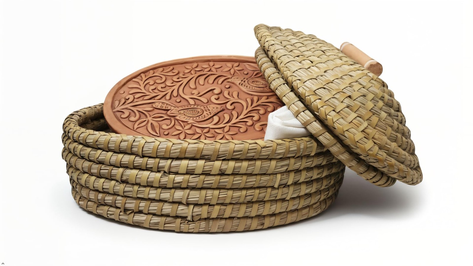 Handwoven Oval Bread Warmer Basket with Lid & Terracotta Warming Stone for So…