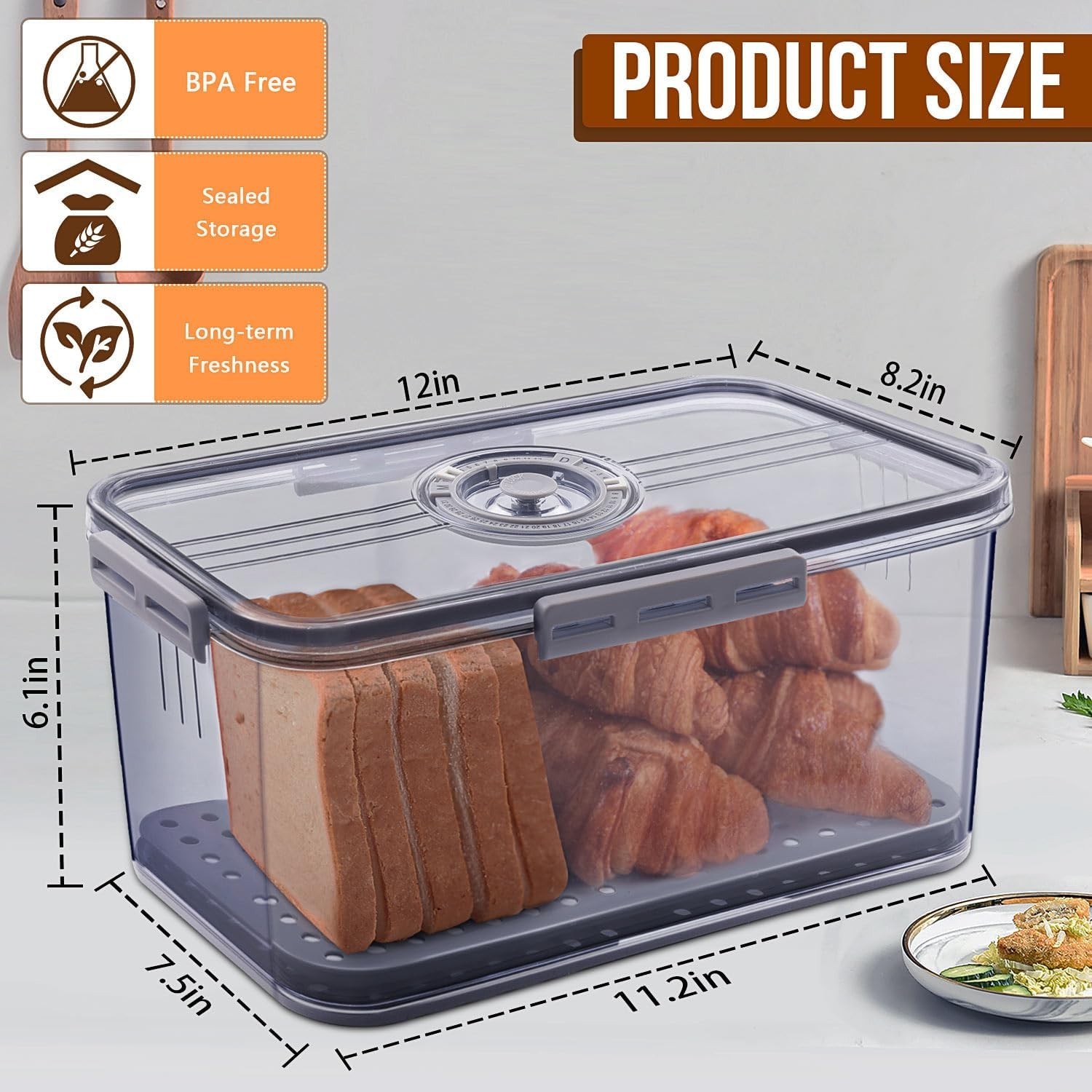 Bread Box For Kitchen Countertop, Airtight Bread Storage Container PBA free