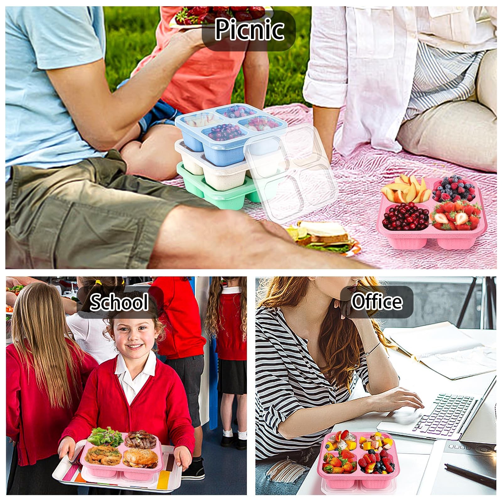 20Pcs Reusable Snack Containers Set, 4-Compartment Bento Boxes with Lids & Utens