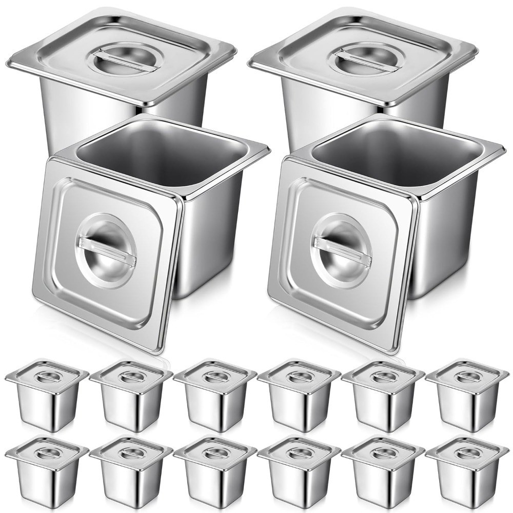 16 Pack 1/6 Size Stainless Steel Steam Table Pans with Lids 2 Tongs 4 Spoons 6