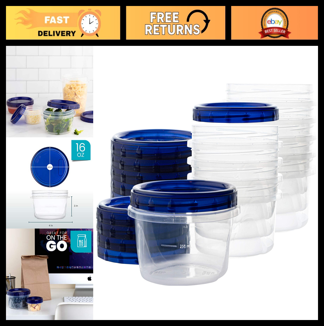 16 oz Twist Top Deli Containers – 120 Pack, Clear Bottom, Blue Lids, Reusable, S