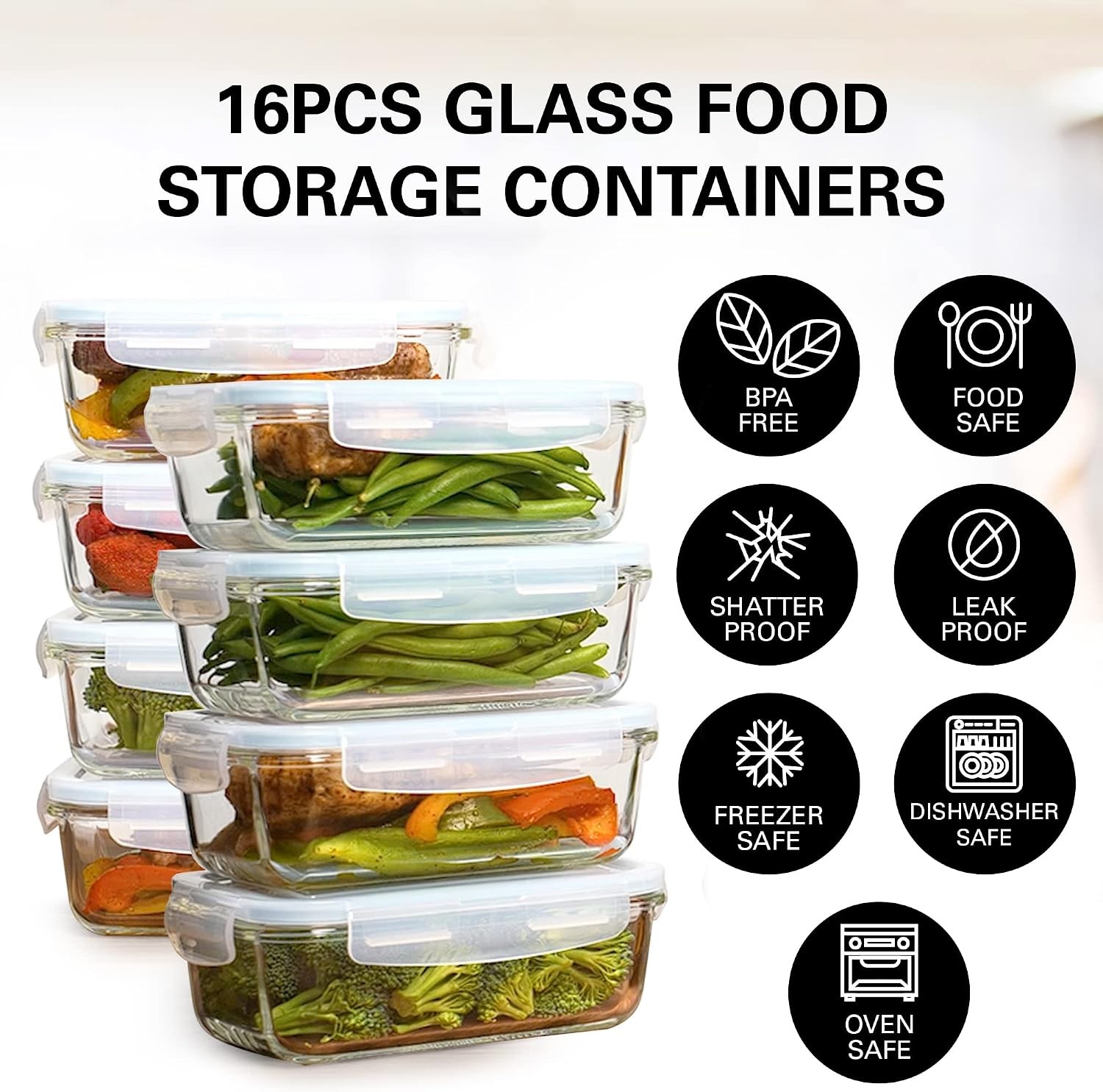 16 Pc (Set of 8) 30 Oz Glass Meal Prep Containers with Lids,