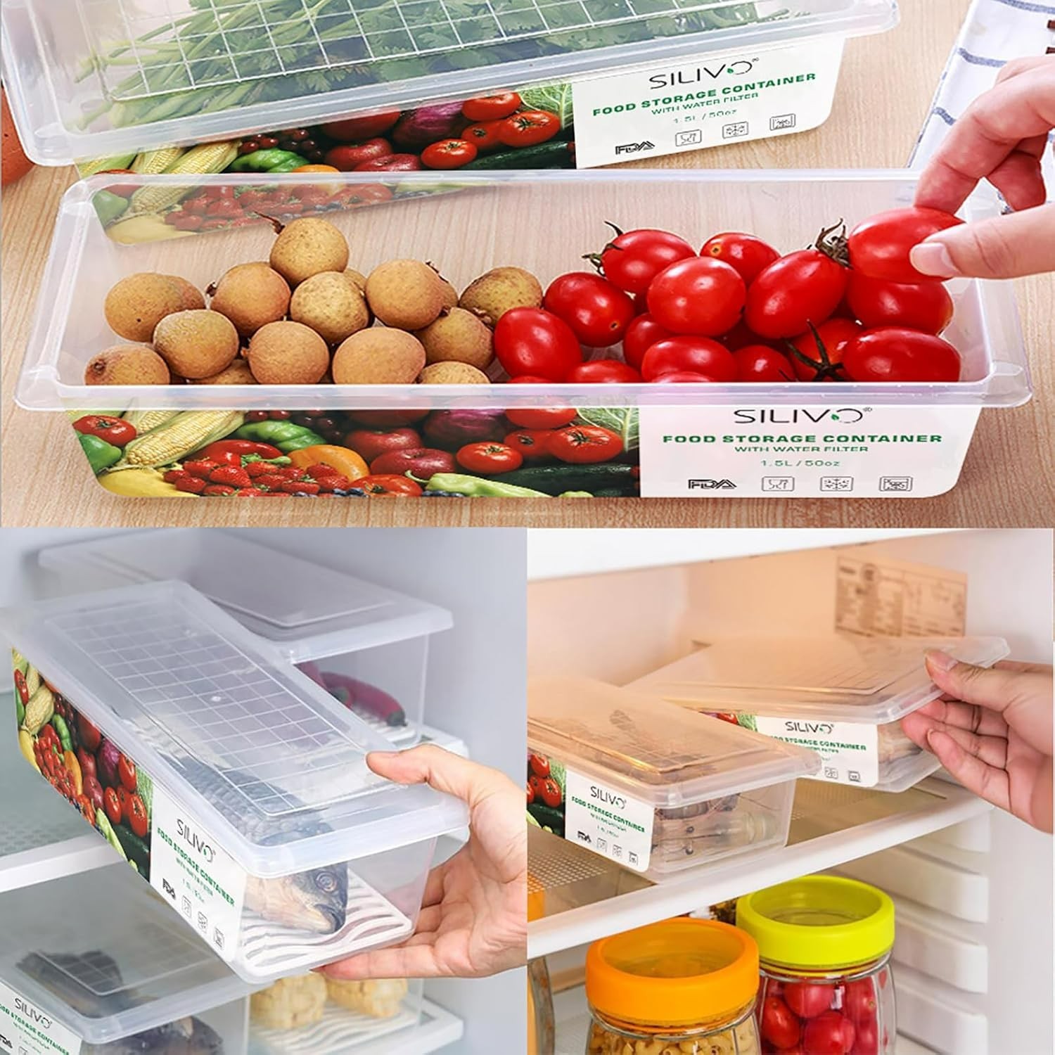 1.5L BPA-Free Fruit Storage Containers – 3 Pack with Drain Tray for Freshness