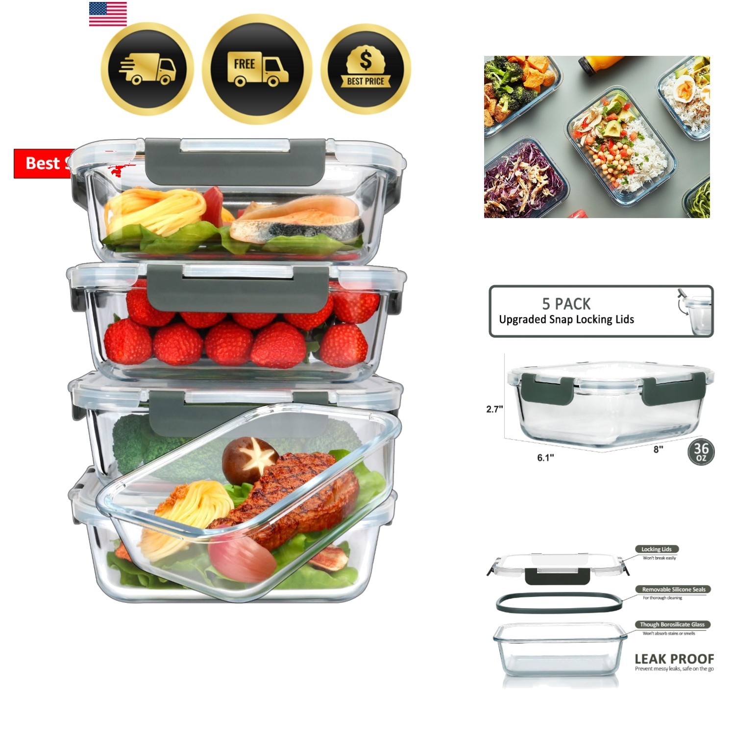 5-Packs, 36 Oz Glass Meal Prep Containers with Snap Locking Lids Glass Food C…