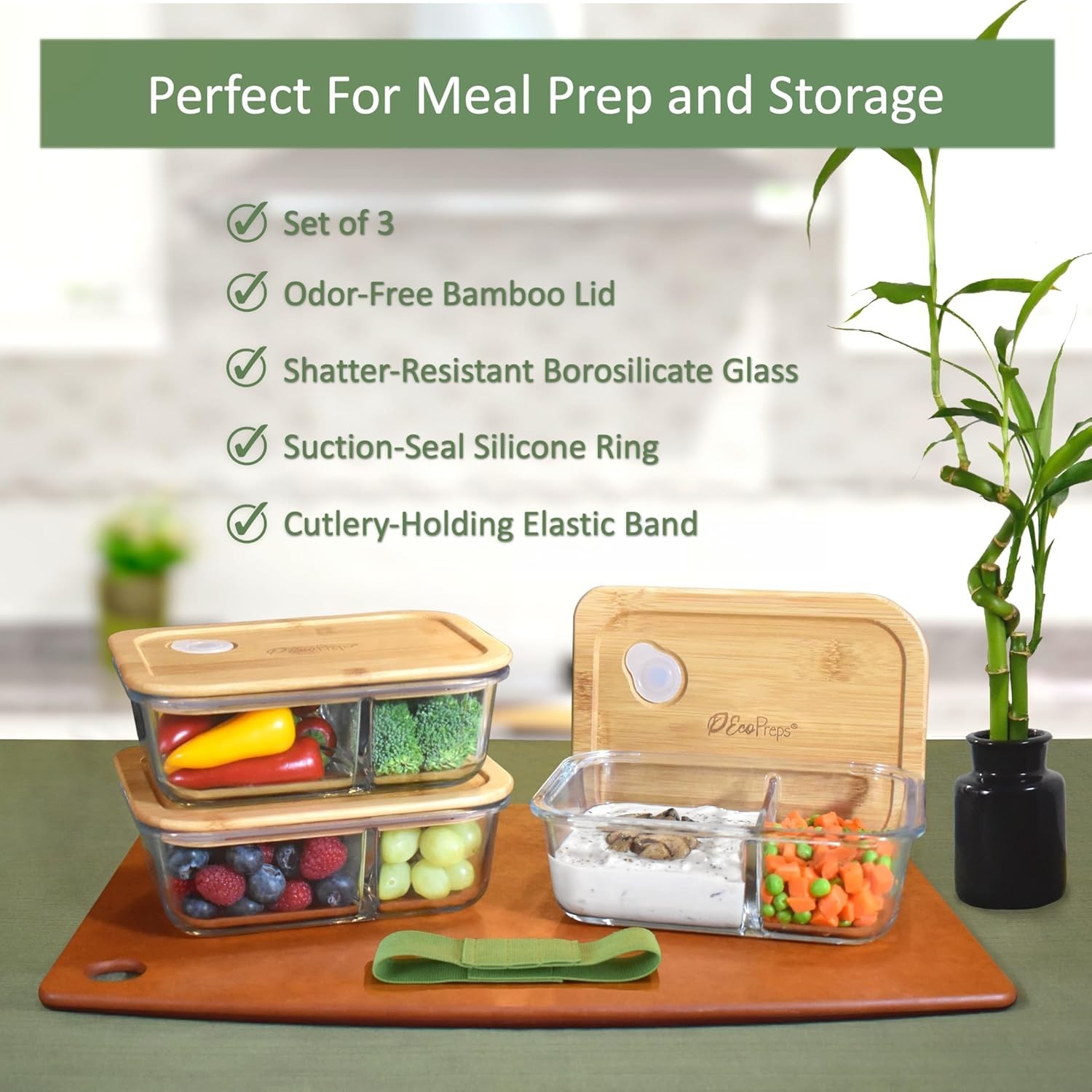 Glass Meal Prep Containers with Bamboo Lids, 2 Compartment Glass Bento Box Co…