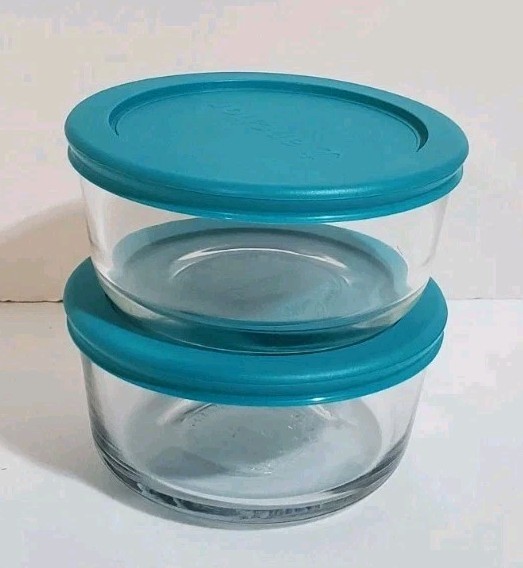 Pyrex 7200 Anchor 2 Cup Glass Food Storage Bowls Teal Lid Covers, 2 Pc Vtg