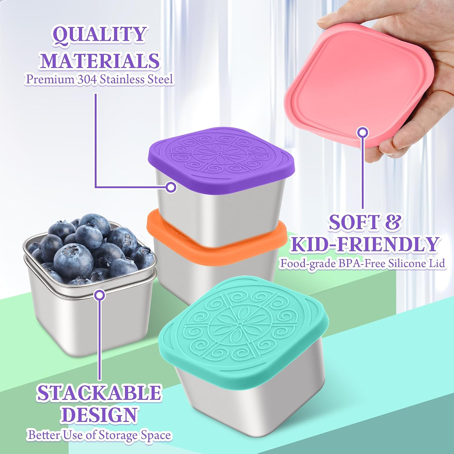 Qukaka Stainless Steel Snack Containers for Kids,7.2oz Easy Open Leak Proof Reus