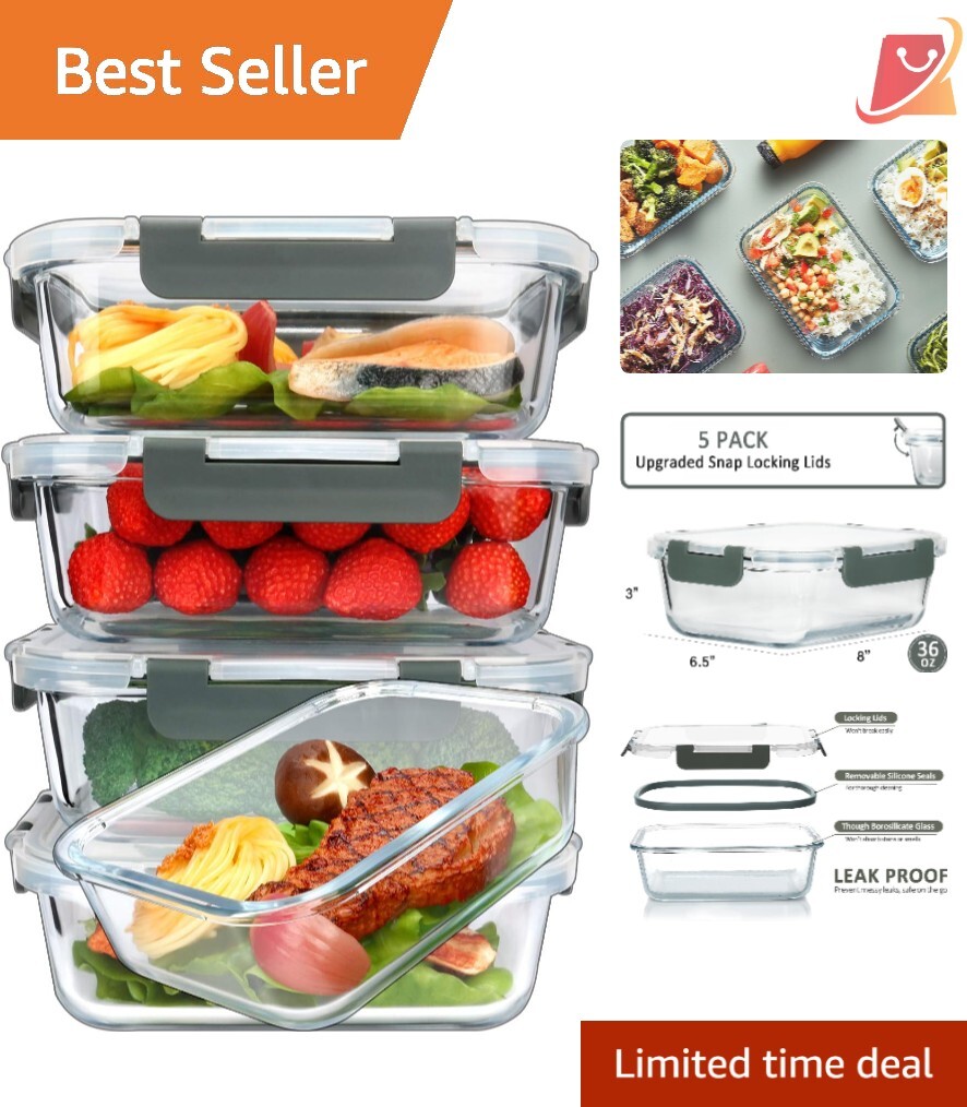 5-Pack Glass Meal Prep Containers 36 Oz Airtight Microwave Safe Food Storage