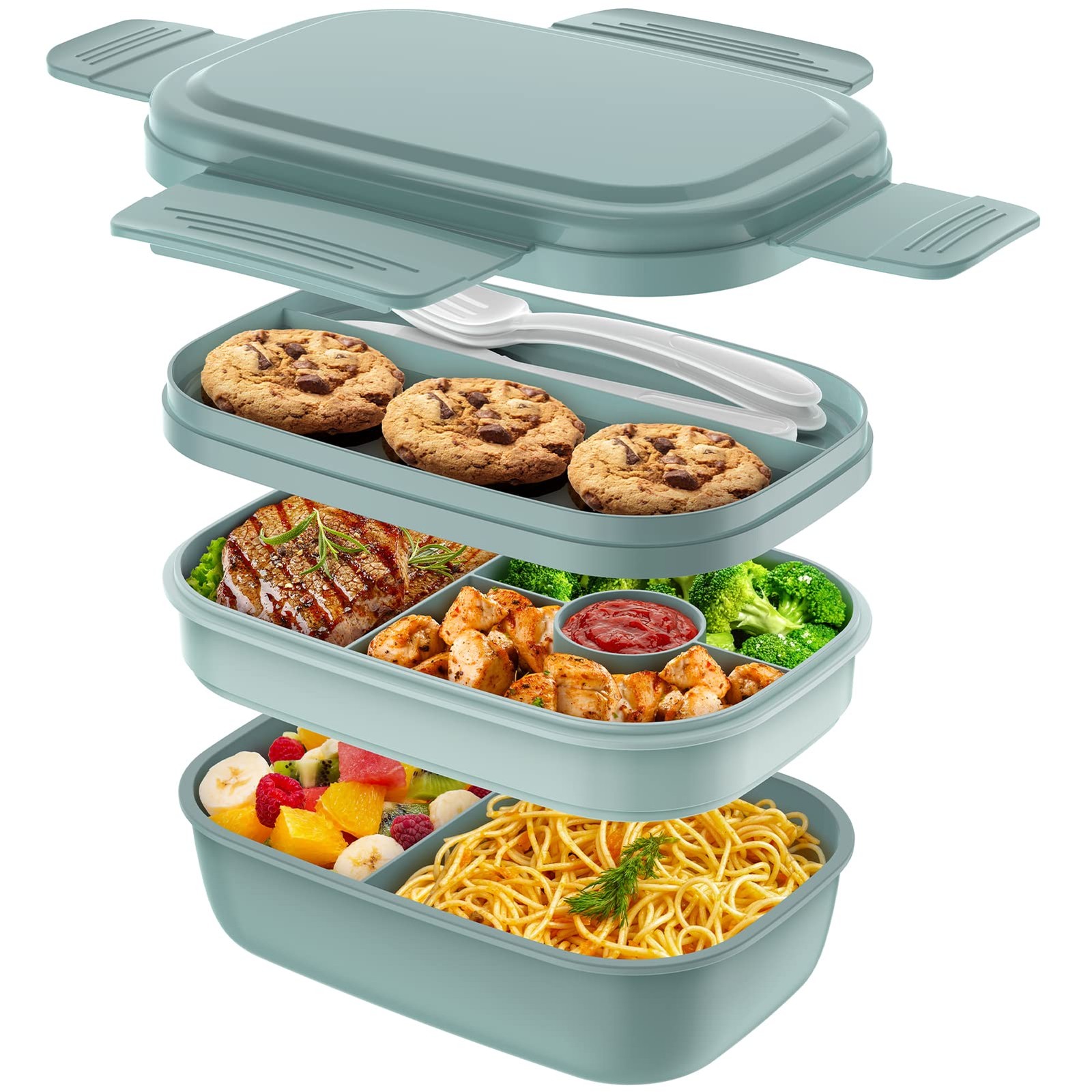 HOMETALL Adult Lunch Box,3 Stackable Bento 7.87 x 5.86 x 3.94 inches, Green