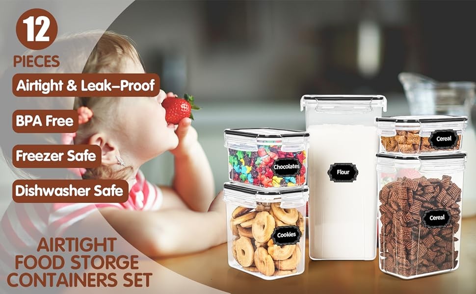 Airtight Food Storage Containers Set, 12 Pcs BPA Free Plastic Dry Food Canisters