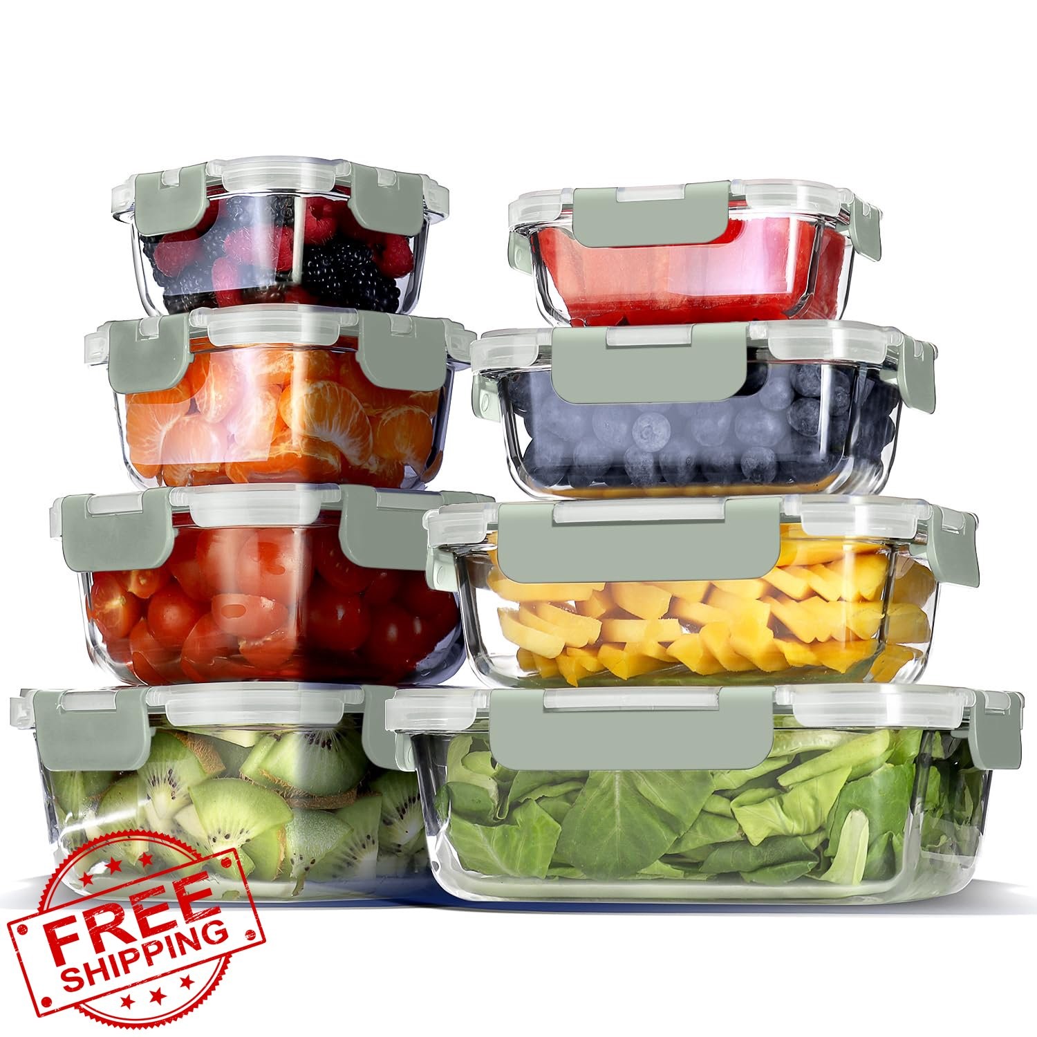 EATEX 8 Pack Sage Green Glass Containers