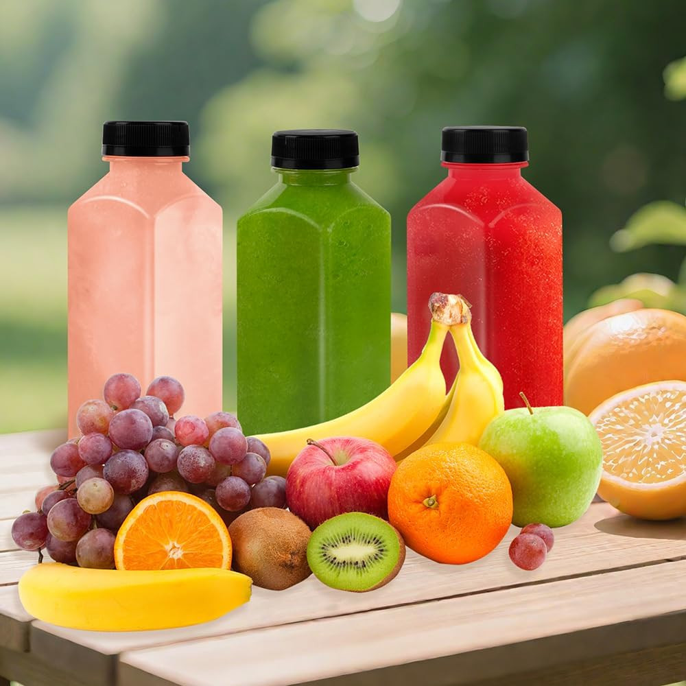 10 Pcs 12Oz Plastic Juice Bottles with Caps, Reusable Food Grade Chear Juice Con