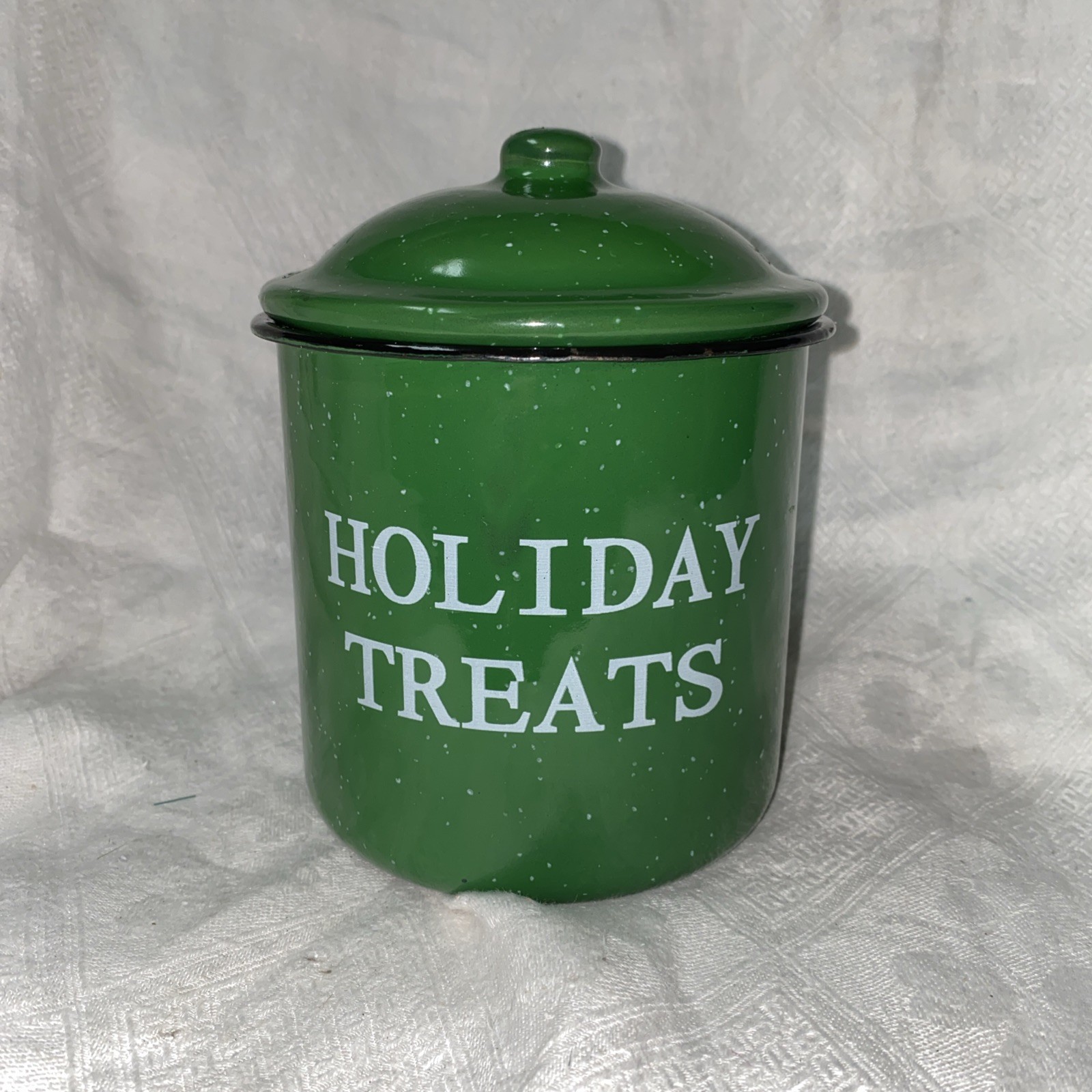 speckled green Enamelware Holiday Treats Tin Metal enamel with Lid