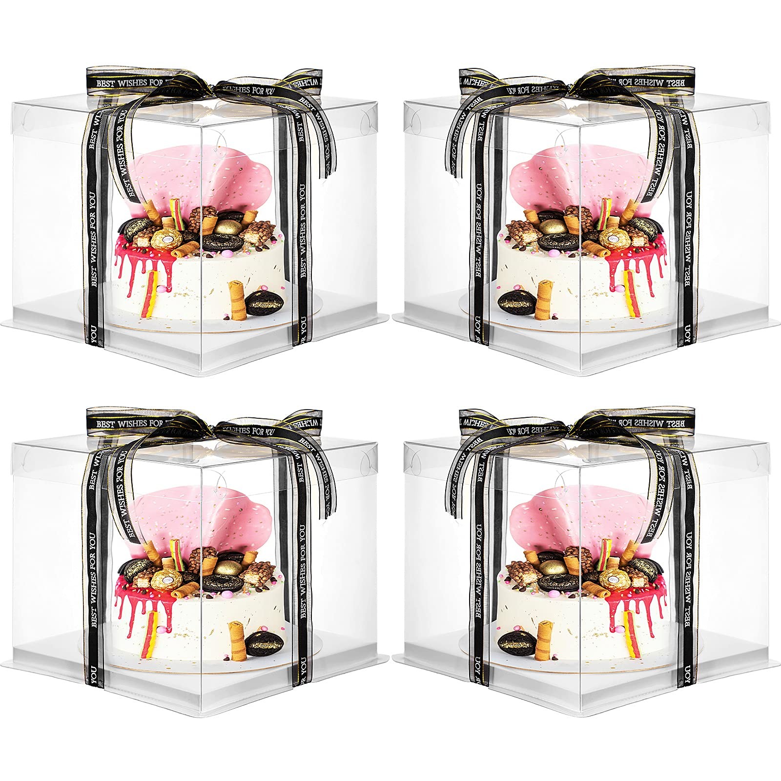 4 PCS Clear Cake Carrier Box Ribbon Transparent Dessert Display 10x10x9 Inch