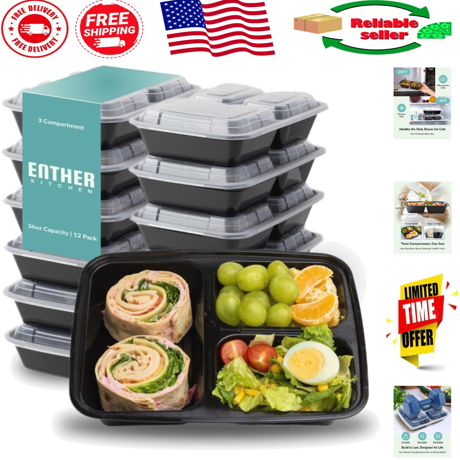 Durable 12 Pack 3-Compartment Meal Prep Containers – Microwave & Dishwasher Safe