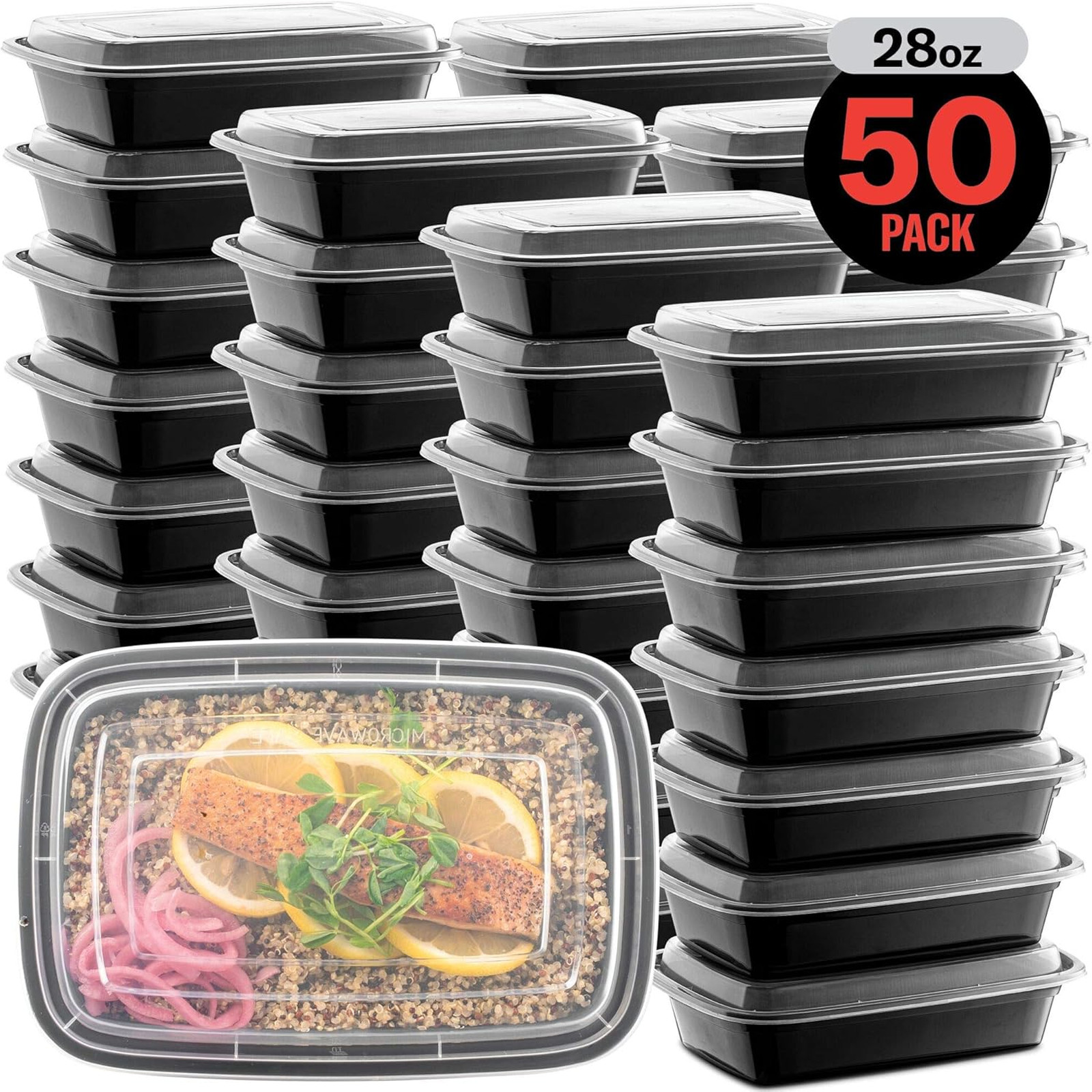 50-Pack Reusable Food Storage Containers with Lids Microwave Safe 28 oz Plastic