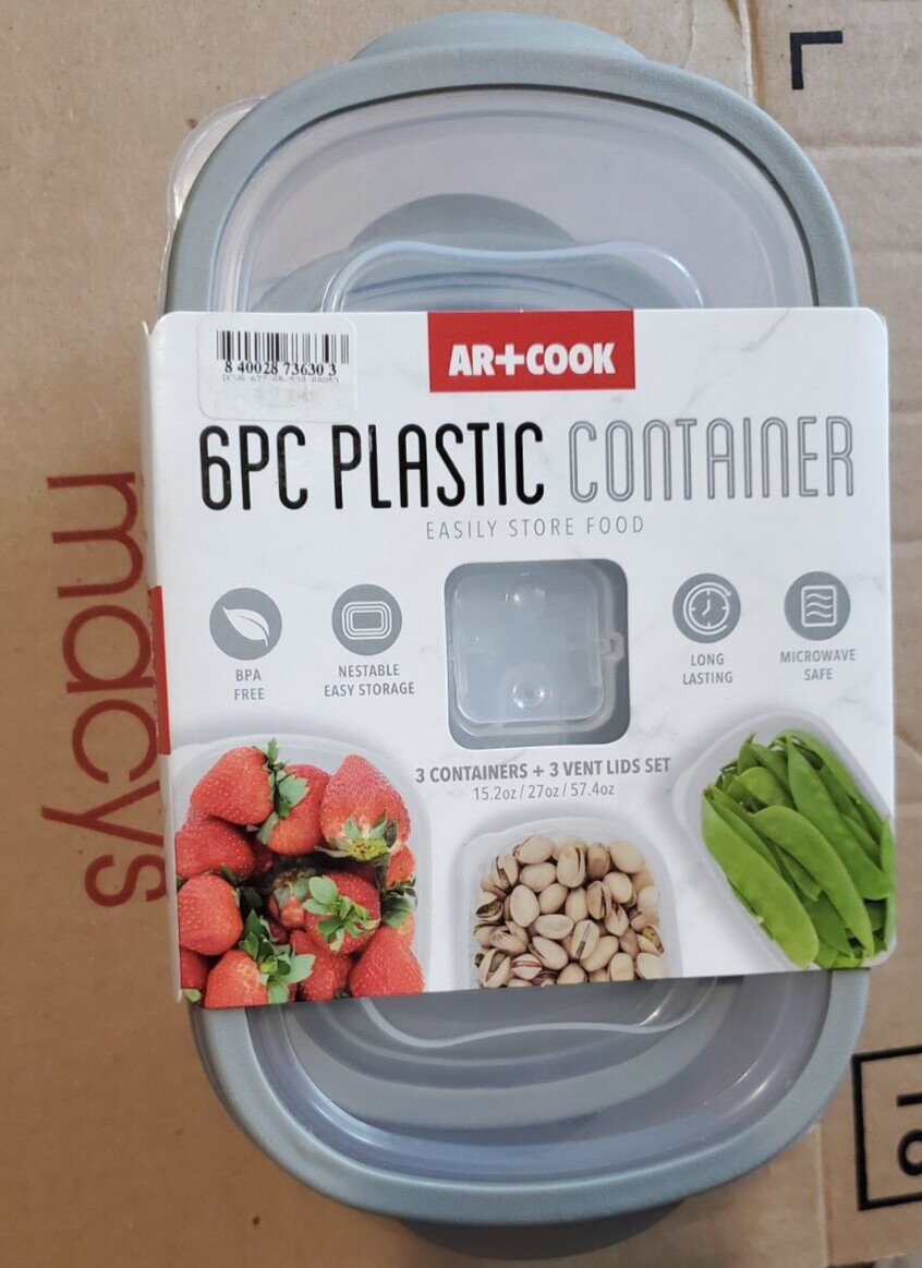 AR+COOK 6-PC. FOOD STORAGE CONTAINER SET 3 CONTAINERS + 3 LIDS Gray