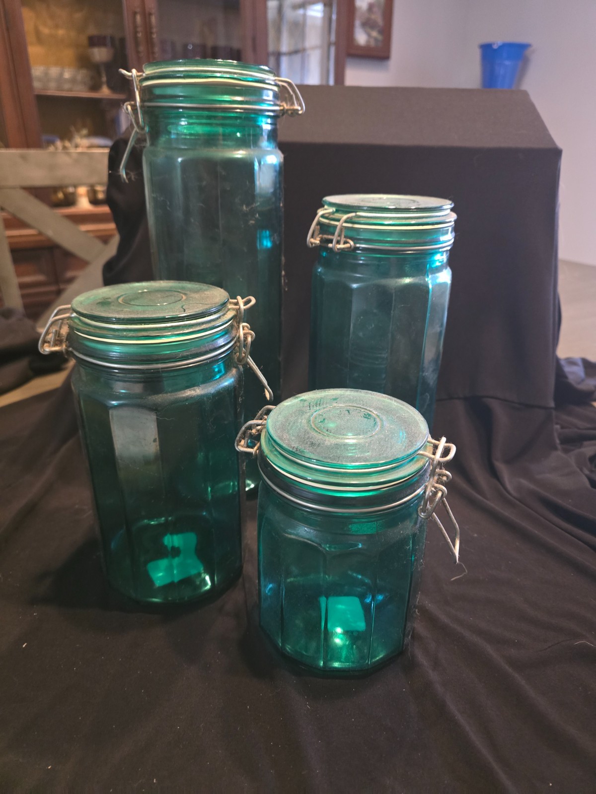 4 vintage aqua green blue glass food storage canister