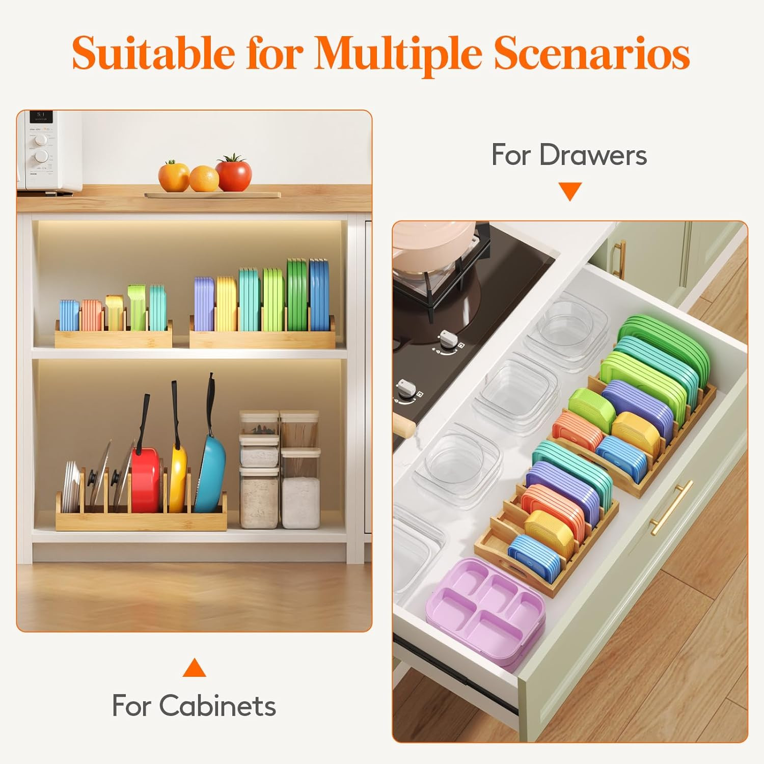 Bamboo Lid Organizers for inside Cabinet, Food Storage Container Lid Holder with