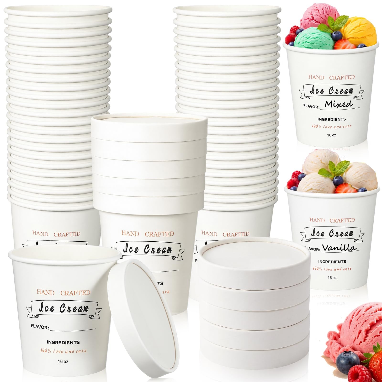 50 Pack 16 oz Ice Cream Containers with Lids, Pint Ice Cream Cups with Lids, …