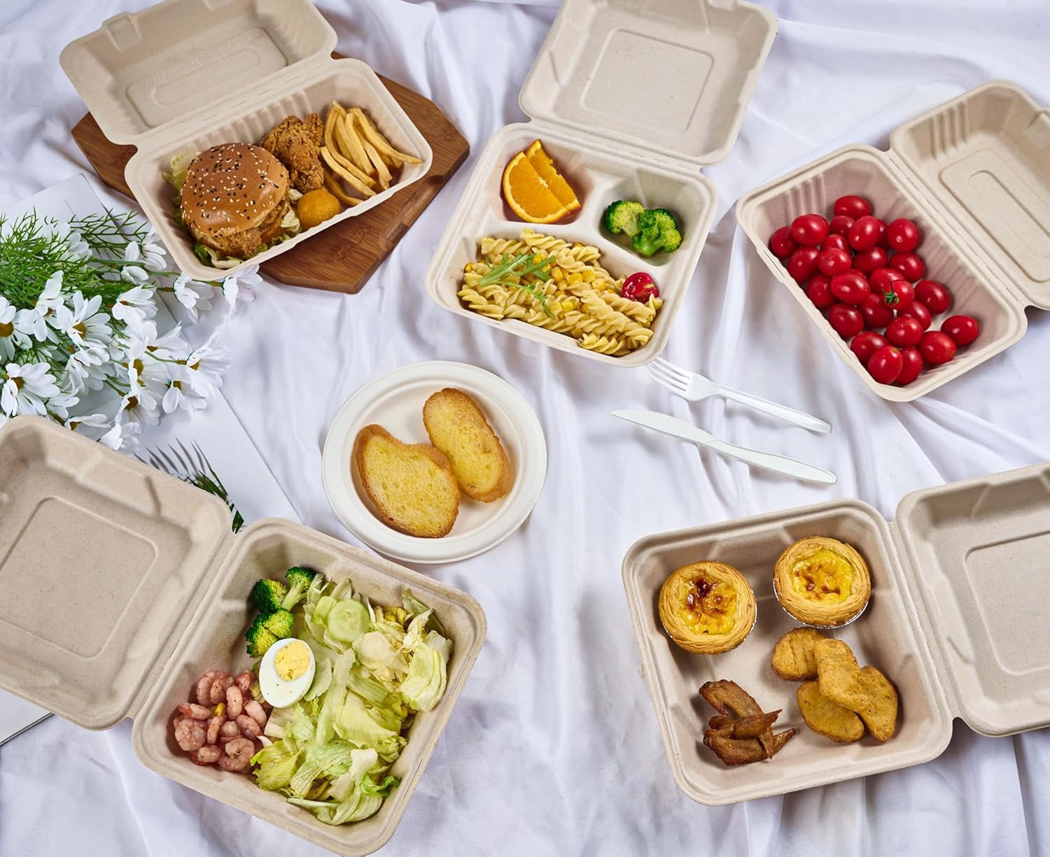 75 Pack Clamshell Take Out Food Containers, 100% Compostable To Go Containers Di