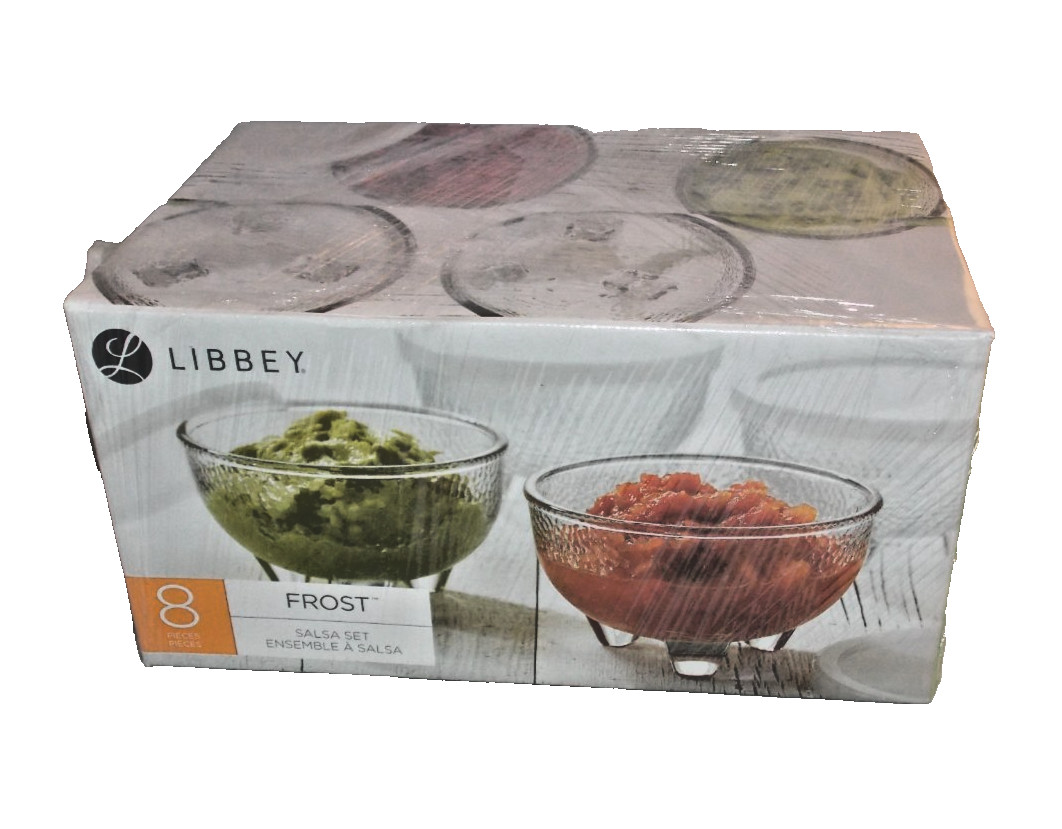 Libbey Salsa Set 4 Frost Round Glass Bowls 10.8 oz with 4 Plastic Lids