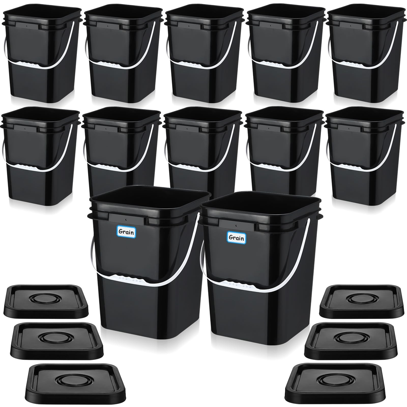 12 Pcs Black 5 Gallon Square Bucket Pail with Plastic Handle and Lid Heavy Du…