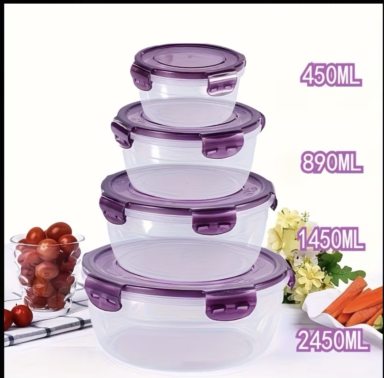 4 Round Plastic Food Storage Containers Set, Snap Lids, 450-2450ml