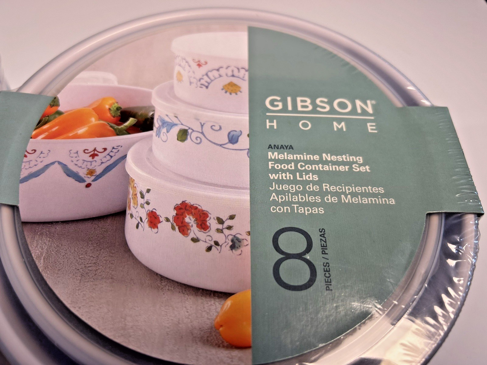Two sets 8 pc each Gibson Home Anaya Nesting Food Containers w/lids round & rect