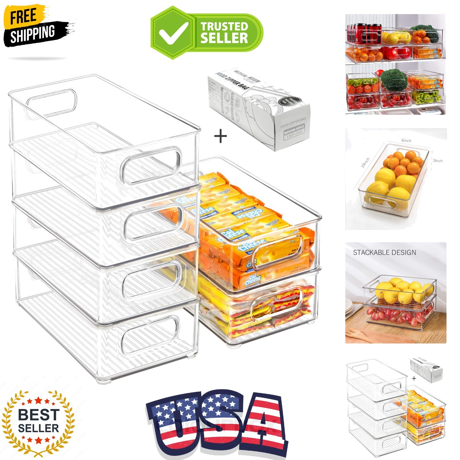 Stackable Refrigerator Organizer Bins, 6 Pack Clear Kitchen Organizer Contain…