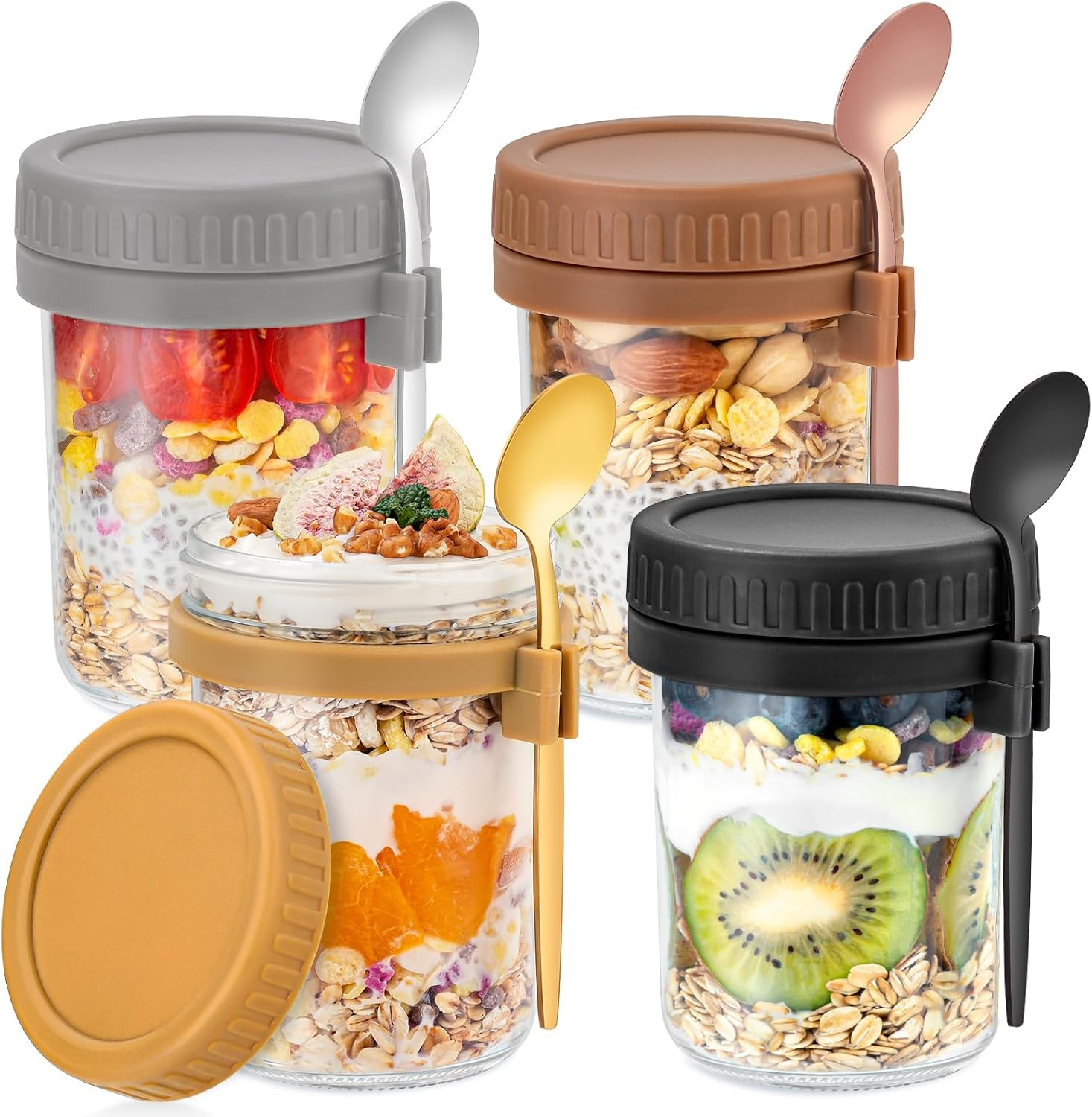 4 Pack Overnight Oats Containers with Lids and Spoons 16 Oz Glass Mason Jars for