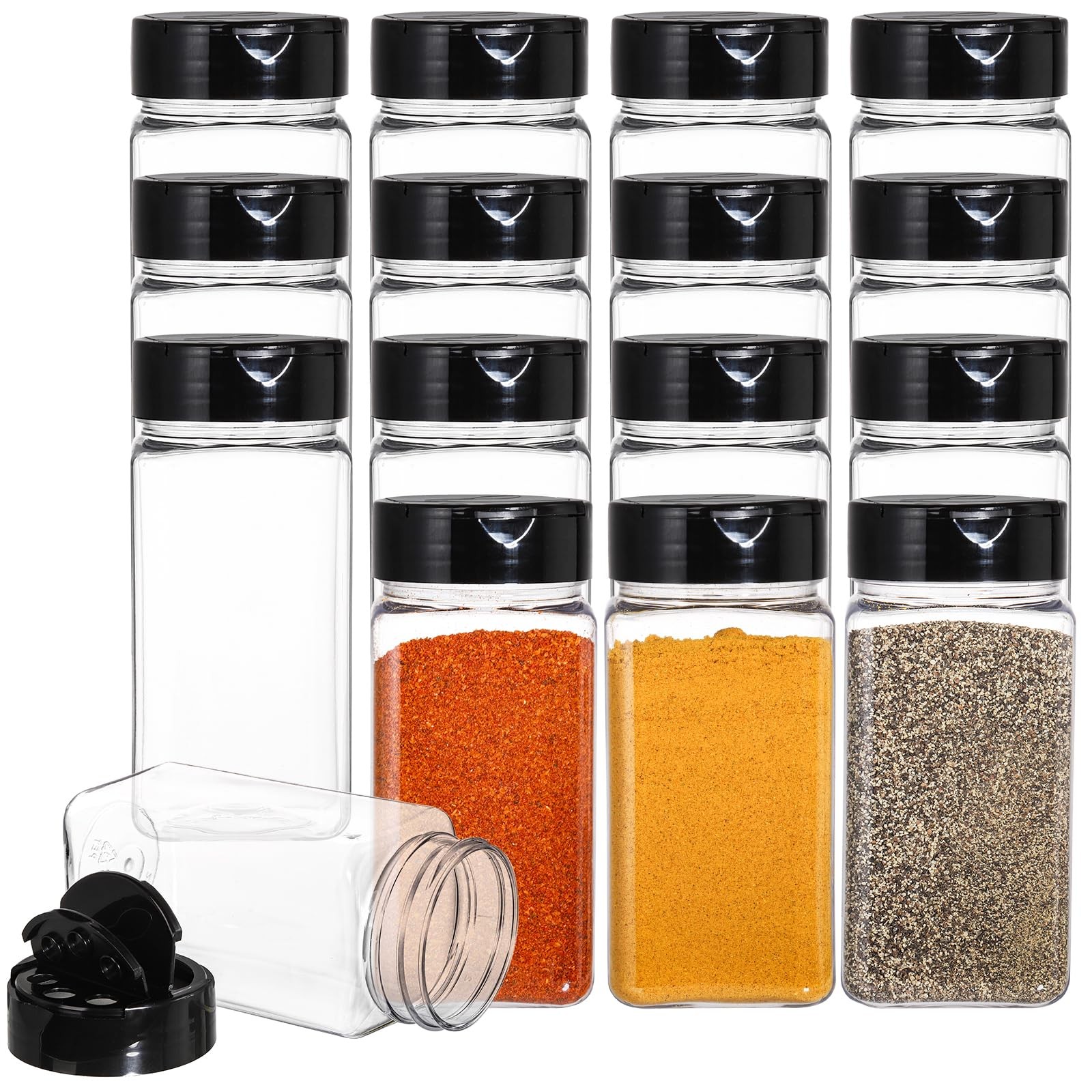 16 Pack 9 oz Plastic Spice Jars with Black Cap, Plastic Spice Bottles Empty S…