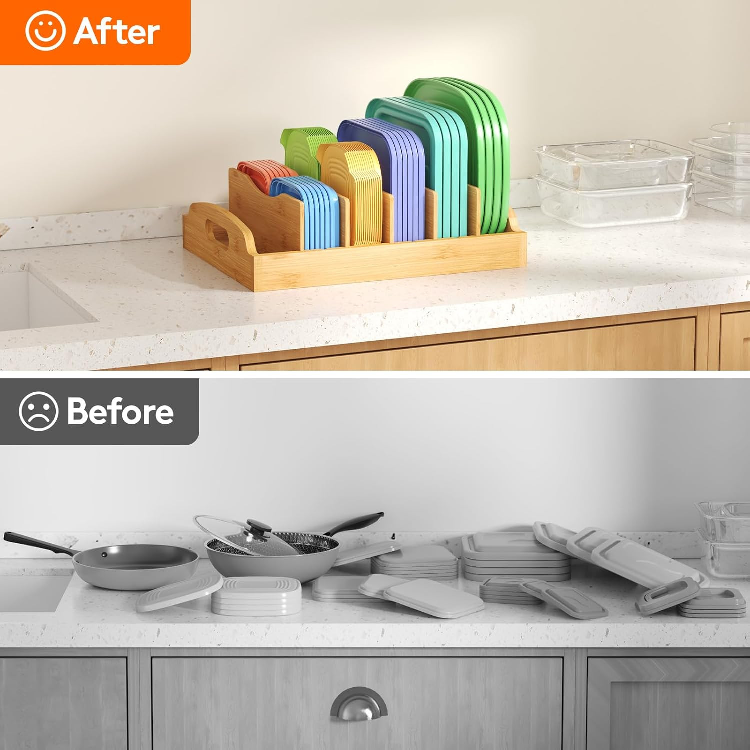 Bamboo Lid Organizers for inside Cabinet, Food Storage Container Lid Holder with
