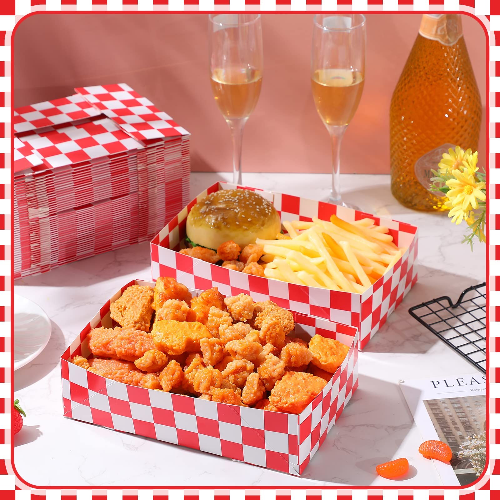 100 Pcs Disposable Red Checkered Cardboard Food Tray 8.6″ x 5.5″ x 2.3″ Paper…
