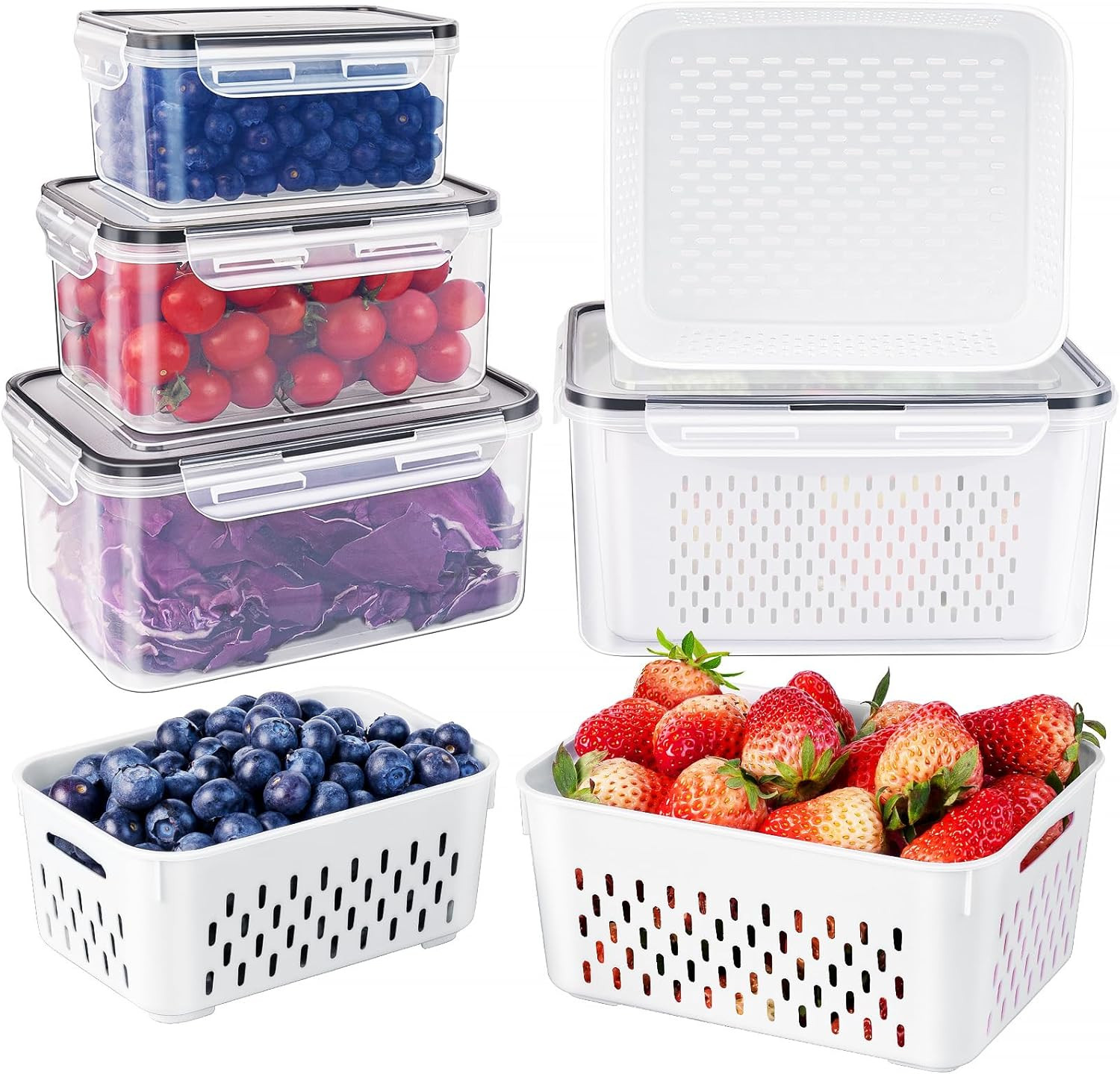 Fruit Storage Containers for Fridge with Removable Colander, Airtight Food Stora