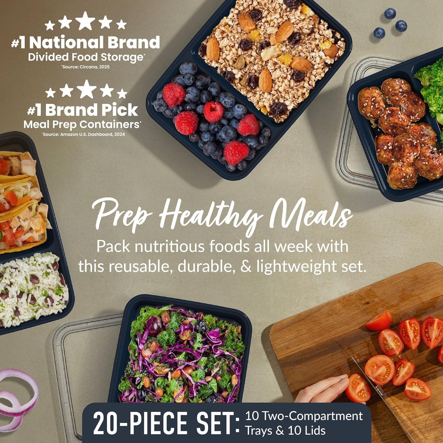 Prep – 20-Piece 2-Compartment Reusable Meal Prep Containers with Lids, PFAS &…