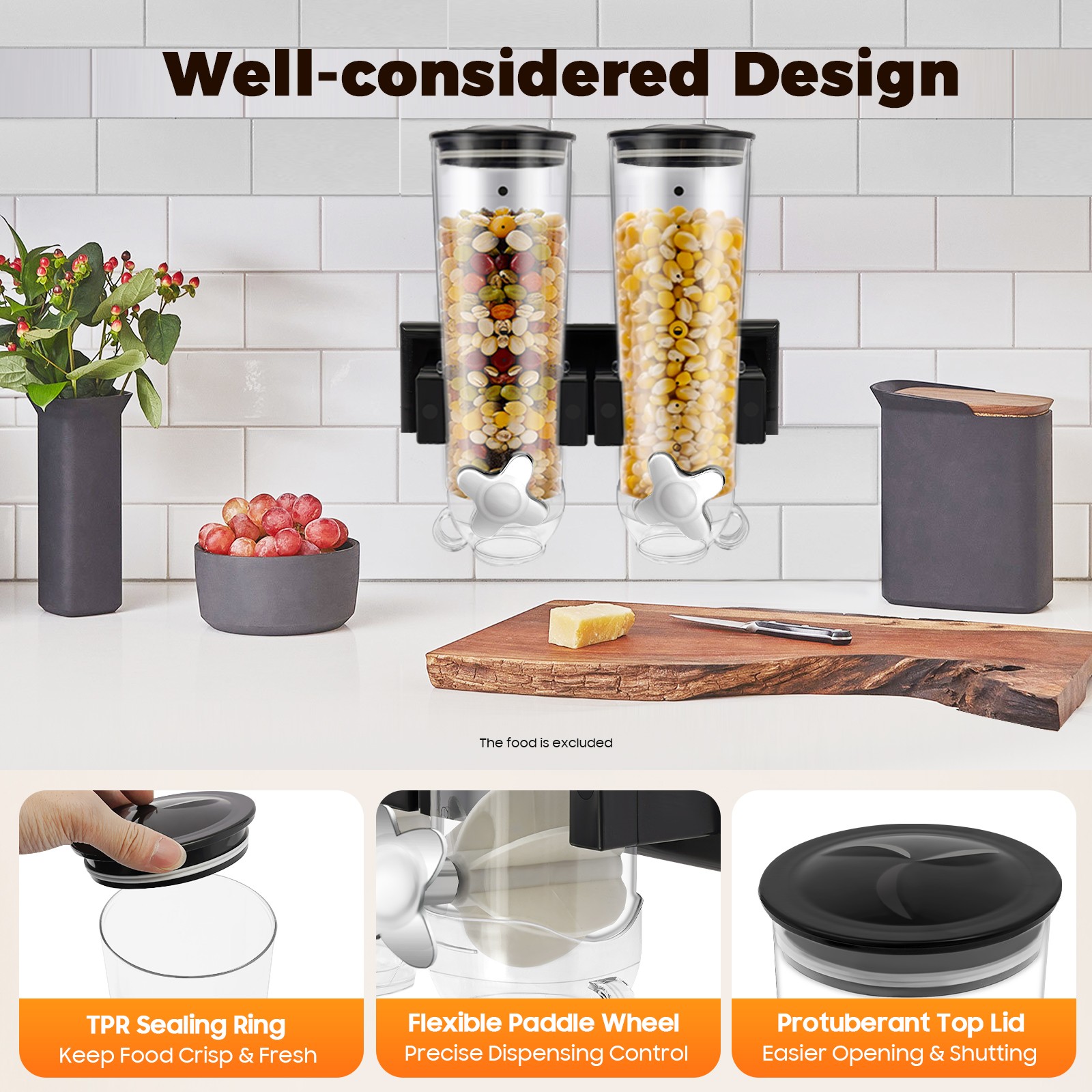Wall-mount Cereal Dispenser 2 Cups Nuts Coffee Beans Grains 3L Storage Container