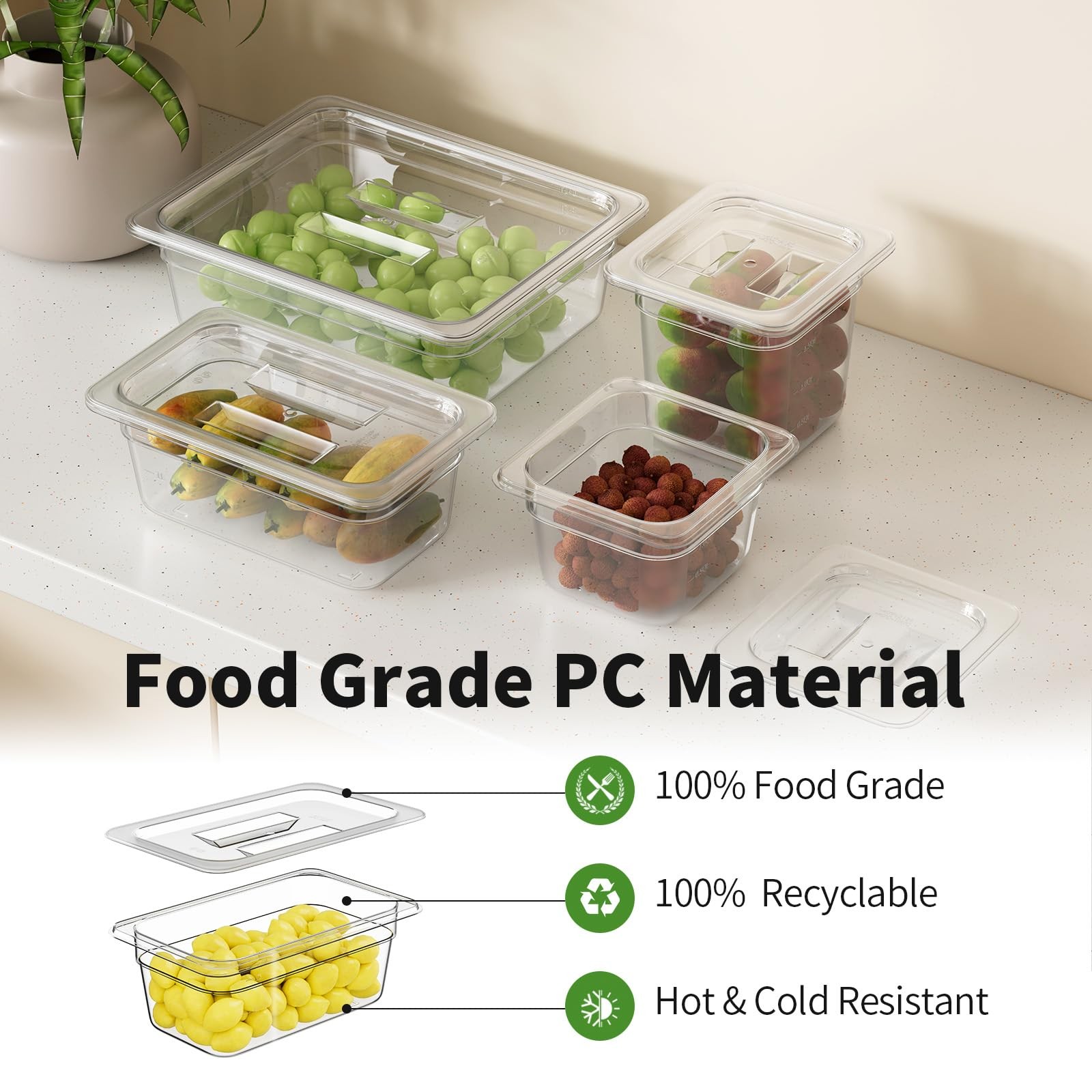 6 PCS 1/4 4 Inch Plastic Food Pans With Lids Clear Polycarbonate Stackable