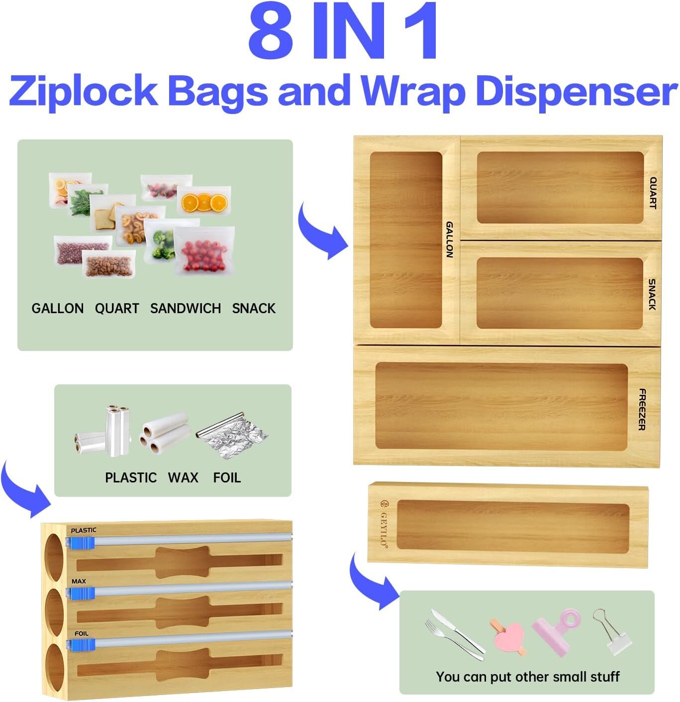 8PCS Bamboo Storage Bag Organizer for Kitchen Drawer With Cutters and Labels