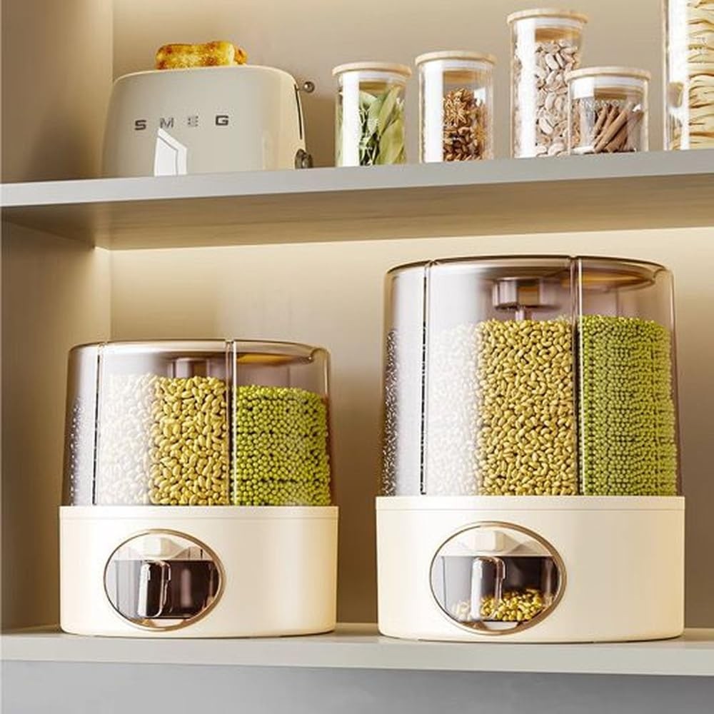 Premium 6-Grid Rotating Food Dispenser with Sealed Lid – 360° Rotation Grain …