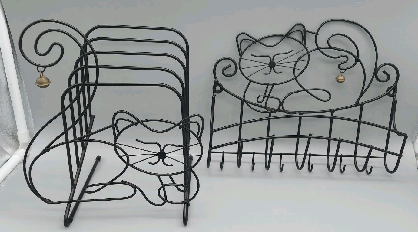 VINTAGE WHIMSICAL CAT KITTY KITTEN MAIL BASKET KEY HOOK & CAT FOLDER RACK FILE