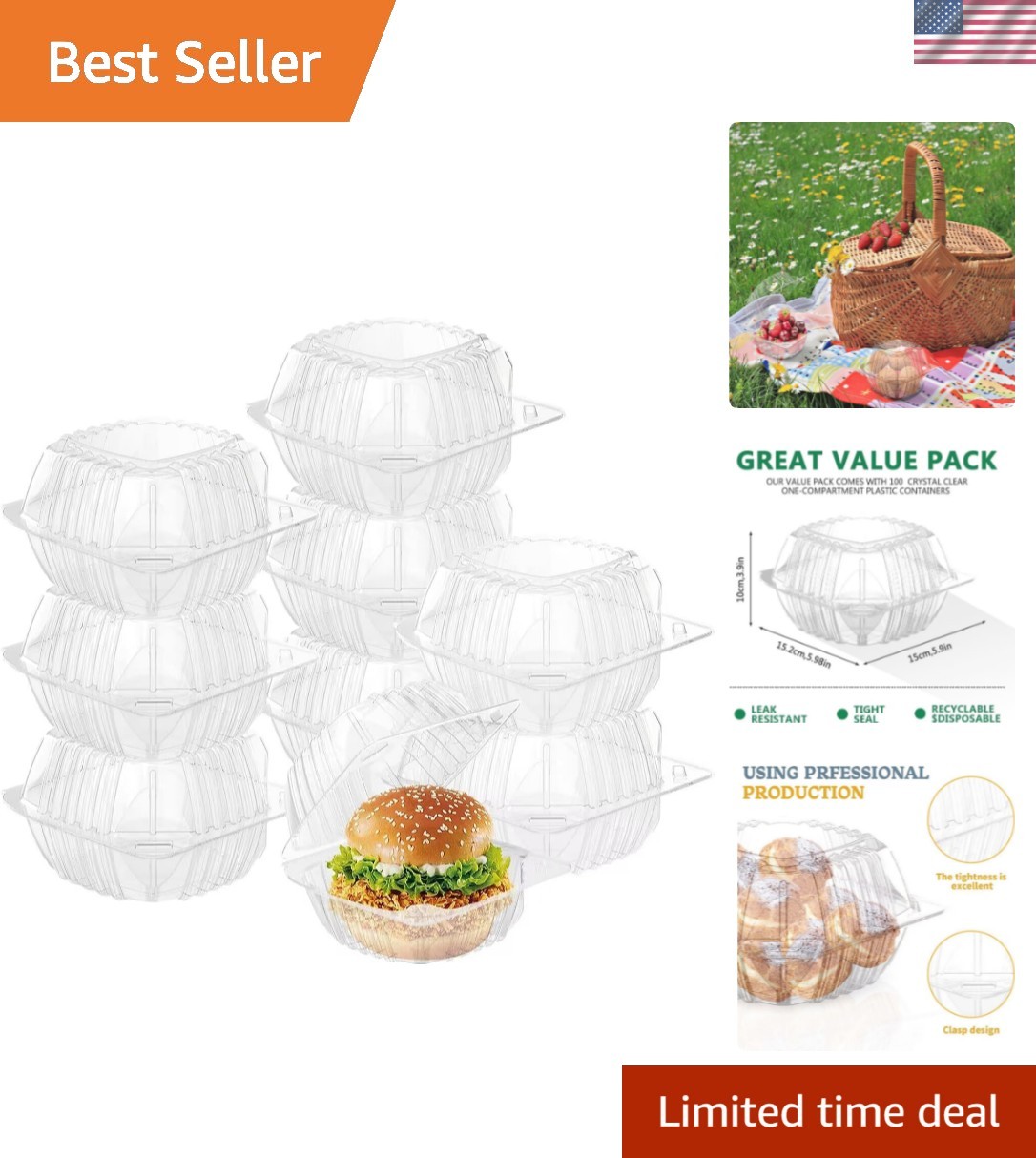 50 Pcs Clear Thickening Plastic Hinged Take Out Containers Disposable Clamshe…