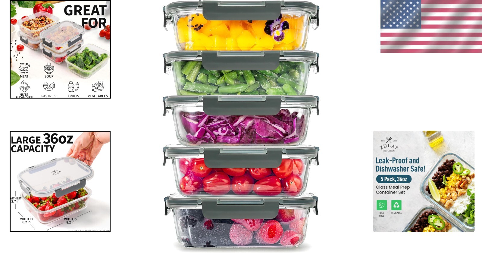 Versatile Gray Glass Meal Prep Containers – 5 Pack, Dishwasher Safe & BPA Free