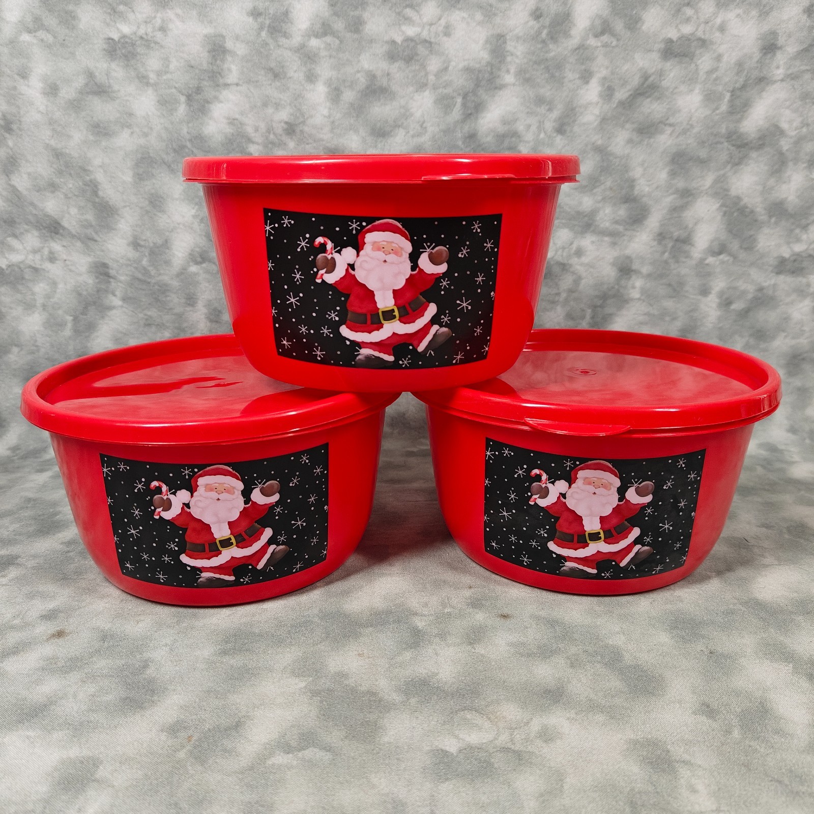 Set of 3 Red Santa Food Storage Containers 65oz w/ Lids 7.5in x 3.5in Christmas