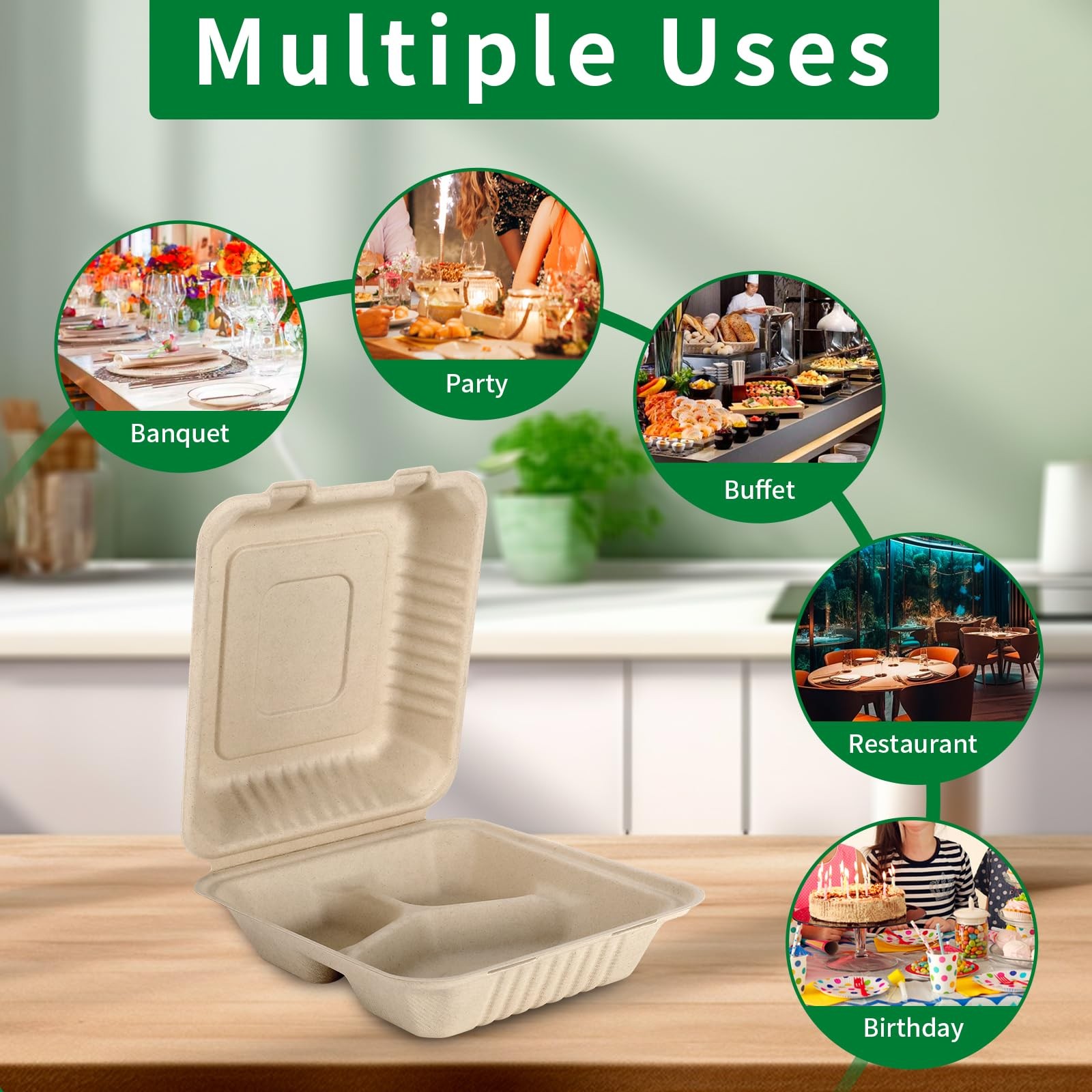 50 Pack 3 Compartment Compostable 8×9 Inch Takeout Lunch Box Containers with …