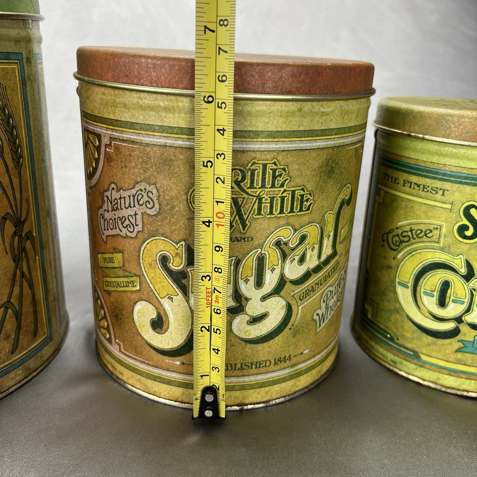 Vintage 70s Tin Canisters Set of 4 Nesting Fluffy Flour Sugar Coffee Tea Retro