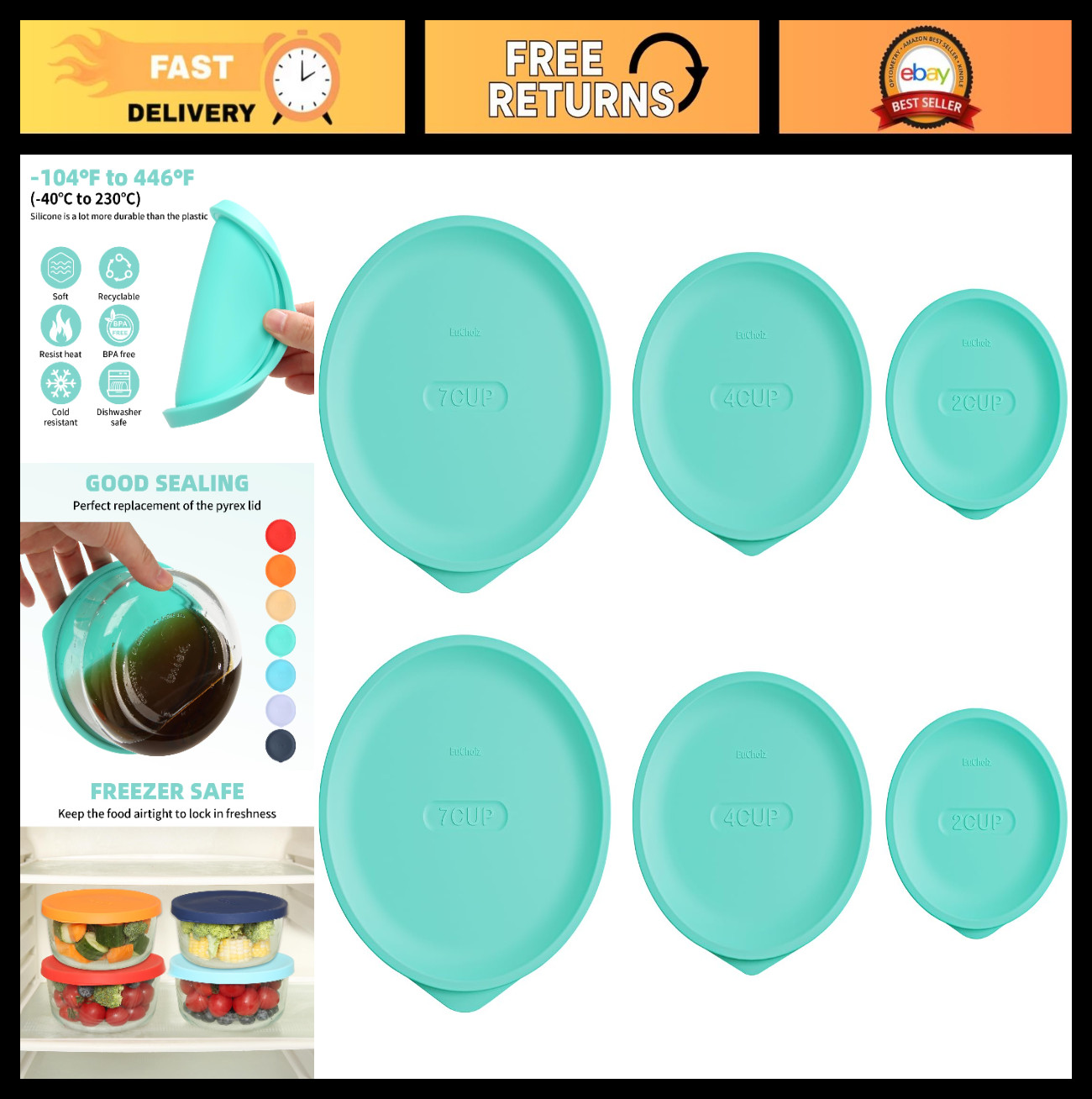Silicone Replacement Lids for 2, 4, 6/7 Cup Glass Bowls – 6 Pack Turquoise Cover